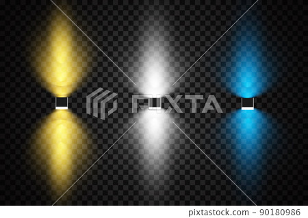 Set of colored spotlights on a transparent background. Bright lighting with spotlights. Spotlight white, blue, yellow. Set of colored spotlights on a transparent background. Bright lighting with spotlights. Spotlight white, blue, yellow. 90180986