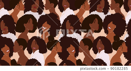 Modern Seamless pattern with diverse black women's faces and trendy hairstyles. Female portrait of African Americans with beautiful faces and smiles. Black lives matter concept Modern Seamless pattern with diverse black women's faces and trendy hairstyles. Female portrait of African Americans with beautiful faces and smiles. Black lives matter concept 90182285