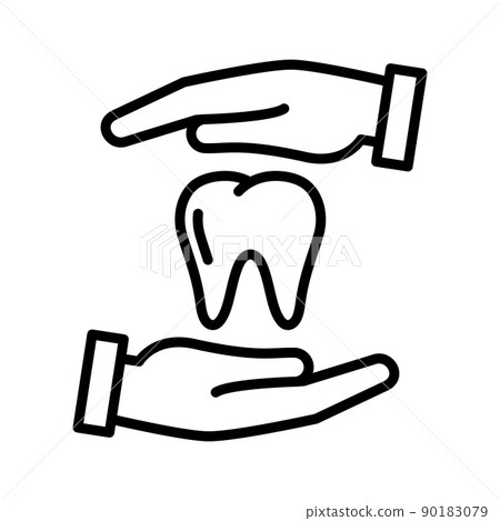Dental care icon, tooth protection. Hands that care for tooth and healthy mouth. 90183079