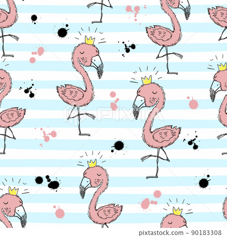 Seamless pattern with cute flamingo princesses - Stock