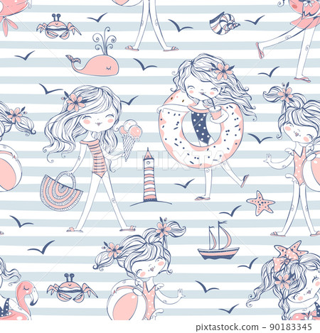 Seamless pattern with cute girls in swimsuits... - Stock Illustration ...
