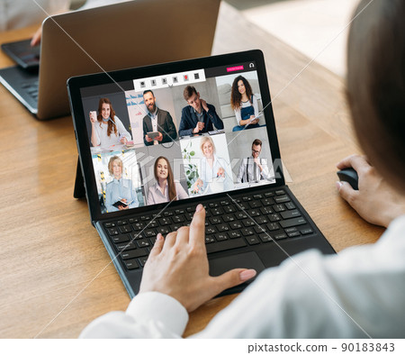 Web chat. Coworkers network. Internet interview. Professional business colleagues discussing project working online in digital office on laptop screen. 90183843