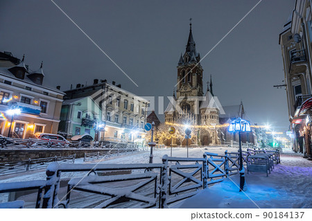 Church of St. Stanislav in Chortkiv, Ukraine. winter night view Church of St. Stanislav in Chortkiv, Ukraine. winter night view 90184137