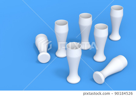 Set of white glasses of fresh draft beer on a blue monochrome background. 90184526