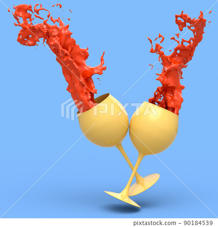 Wine glasses with red splashes of fluid isolated on blue monochrome background. Wine glasses with red splashes of fluid isolated on blue monochrome background. 90184539