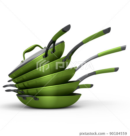 Stack of frying pan with glass lid on white, non-stick kitchen utensils Stack of frying pan with glass lid on white, non-stick kitchen utensils 90184559
