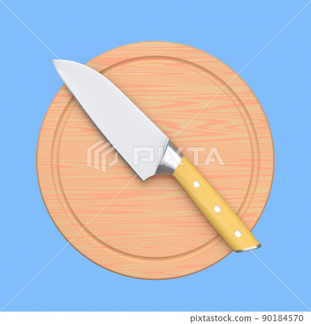 Chef's kitchen knife on a wooden board isolated on blue background. Chef's kitchen knife on a wooden board isolated on blue background. 90184570