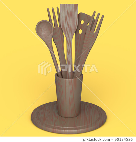 Wooden kitchen utensils, tools and equipment in holder on yellow background. 90184586