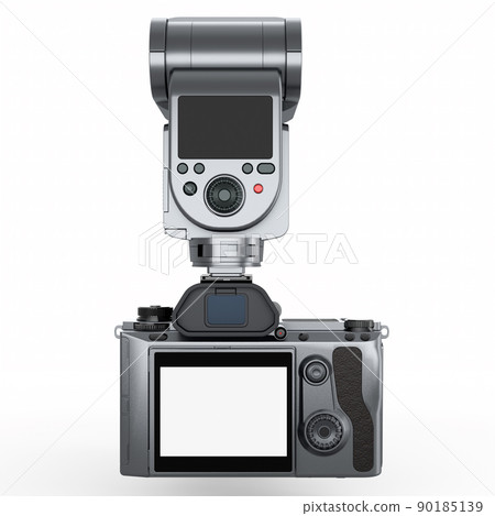 Nonexistent DSLR camera with lens and external flash speedlight on white. 90185139