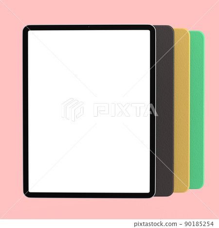 Set of computer tablets with cover case and blank screen isolated on pink. 90185254