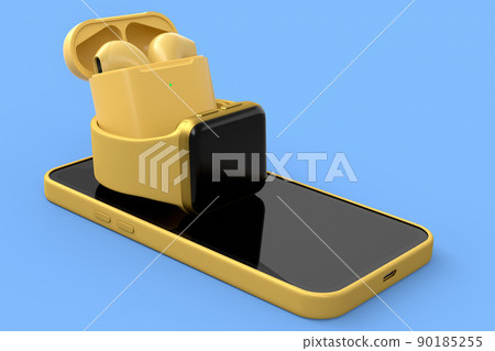 Mockup of smart watches and wireless bluetooth headphones lying on smartphone. 90185255