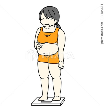 一個女人騎在秤上擔心她的胃的插圖 90185611