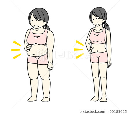 Illustration of a woman pinching a floating ring meat Hidden obesity, Pokkori stomach Illustration of a woman pinching a floating ring meat Hidden obesity, Pokkori stomach 90185625