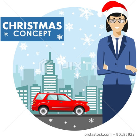 Christmas and New Year business concept. Detailed illustration of young businesswoman in the Santa Claus hat on background with red car and cityscape in flat style. Vector illustration. 90185922