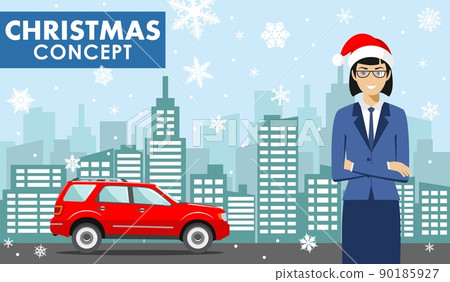 Christmas and New Year business concept. Detailed illustration of young businesswoman in the Santa Claus hat on background with red car and cityscape in flat style. Vector illustration. 90185927