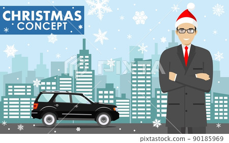 Christmas and New Year business concept. Detailed illustration of young businessman in the Santa Claus hat on background with black car and cityscape in flat style. Vector illustration. 90185969