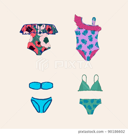 A set of swimwear for the beach. Women's clothing for the sea with a bright pattern of flowers and foliage. Collection of beachwear swimsuit, bottom, bustier, bustier. 90186602