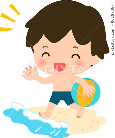 Boy with a beach ball playing on the beach 90187067