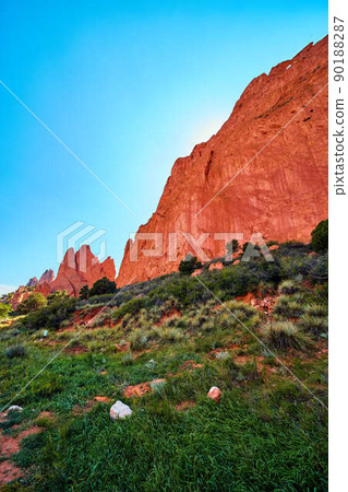 Large red rocks in desert with lush green Large red rocks in desert with lush green 90188287
