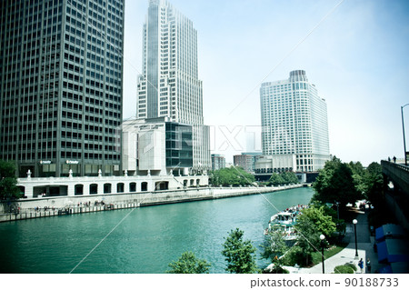 Chicago skyline from the Chicago River with muted colors 90188733