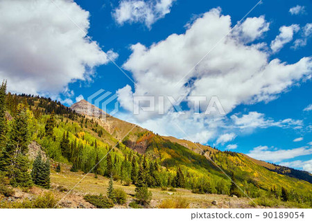 Landscape of mountains covered in fall aspen trees and pine trees Landscape of mountains covered in fall aspen trees and pine trees 90189054