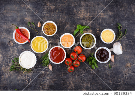 Set of different sauces. Ketchup, mustard and mayonnaise Set of different sauces. Ketchup, mustard and mayonnaise 90189384