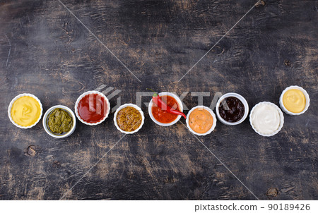 Set of different sauces. Ketchup, mustard and mayonnaise 90189426