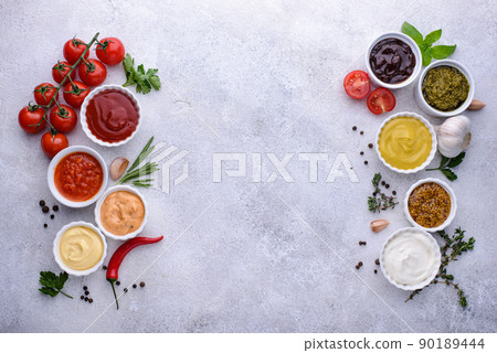 Set of different sauces. Ketchup, mustard and mayonnaise 90189444