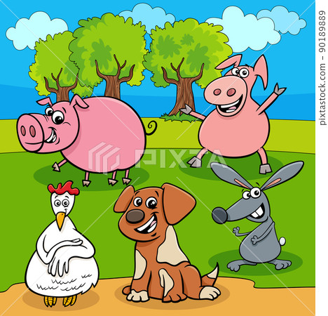 cartoon farm animals characters in the meadow cartoon farm animals characters in the meadow 90189889
