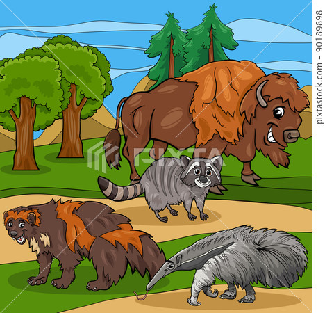 wild cartoon American animal characters group 90189898