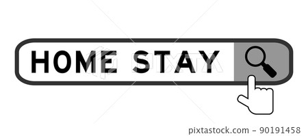 Search banner in word home stay with hand over magnifier icon on white background 90191458