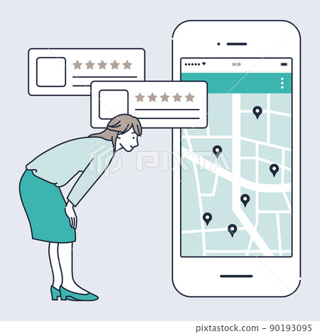在智能手機上搜索地圖並蒐索商店的女性的插圖素材 90193095