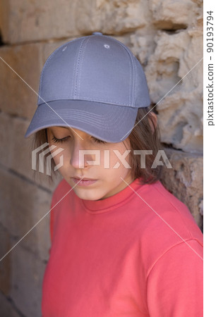 Teenager girl in grey baseball cap and long sleeve shirt outdoor, mockup 90193794