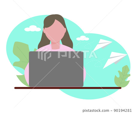 Woman sending an email on a computer Paper plane Illustration icon 90194281