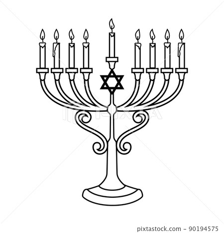 Illustration of Hanukkah candle in engraving style isolated on white background. Design element for poster, card, banner, sign, emblem. Vector image 90194575