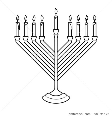 Illustration of Hanukkah candle in engraving style isolated on white background. Design element for poster, card, banner, sign, emblem. Vector image 90194576