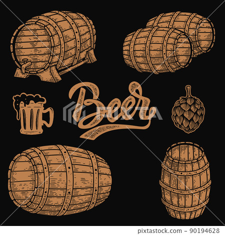Set of illustrations of wooden barrel of beer, beer mug, hop in engraving style. Design elements for logo, label, sign, poster, t shirt. Vector illustration Set of illustrations of wooden barrel of beer, beer mug, hop in engraving style. Design elements for logo, label, sign, poster, t shirt. Vector illustration 90194628