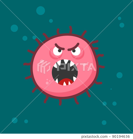 Medical illustration of angry virus character in flat style. Microbiology. Design element for poster, infographic, banner, card, flyer, brochure. Vector illustration 90194636