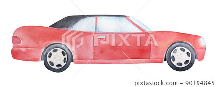 Watercolor illustration of bright red classic car with black roof and wheels. Handdrawn water color sketchy drawing on white, cutout clipart element for creative design, greeting card, banner, poster. 90194845