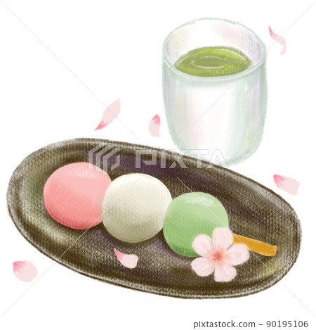 Cherry-blossom dumplings and green tea drawn with colored pencils Cherry-blossom dumplings and green tea drawn with colored pencils 90195106