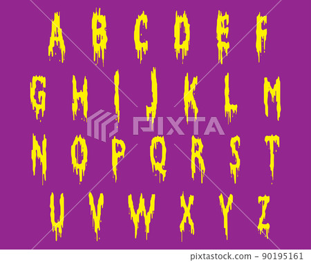 Dripping paint alphabet.Yellow letters on lilac background.Vector illustration. 90195161