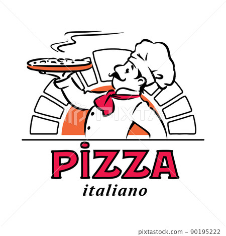 Funny chef with pizza. Emblem or logo design - Stock Illustration ...