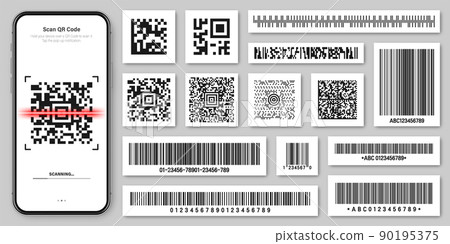 Product barcodes and QR codes. Smartphone application, scanner app. Identification tracking code. Serial number, product ID with digital information. Store, supermarket scan labels, vector price tag. 90195375