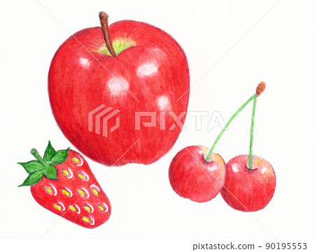 蘋果、草莓和櫻桃的水彩插圖。 90195553