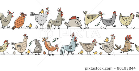 Funny farm birds family. Chicken and Rooster characters. Seamless pattern background for your design 90195844