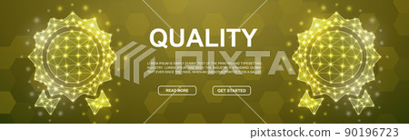 Award medal polygonal symbol for head promotion banner. Horizontal low poly poster illustration. Approved design template illustration concept. 90196723