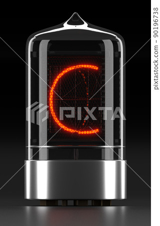 Nixie tube indicator, lamp gas-discharge indicator on dark background. Letter c of retro. 3d rendering Nixie tube indicator, lamp gas-discharge indicator on dark background. Letter c of retro. 3d rendering 90196738