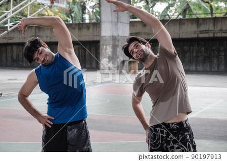 Two causian basketball player resting and ralax. 90197913
