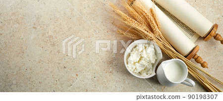 Kosher dairy product for celebration Jewish Holiday Shavuot. Shavuot flat lay. 90198307