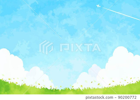 清新藍天草地手繪風景插畫 90200772